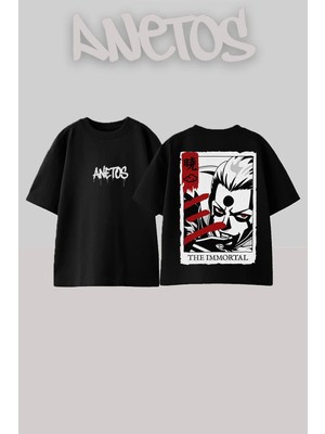 Anetos Immortal Anime Tasarım Sırt Baskılı Pamuk Siyah Oversize T-Shirt