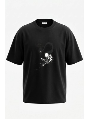 Anetos Gothic Figure Skull Tasarım Sırt Baskılı Pamuk Siyah Oversize T-Shirt