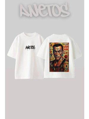 Anetos Jeanclaude Van Tasarım Sırt Baskılı Pamuk Beyaz Oversize T-Shirt