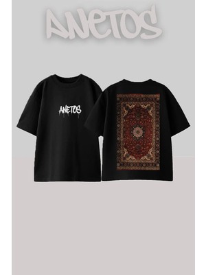 Anetos Persian Carpet Tasarım Sırt Baskılı Pamuk Siyah Oversize T-Shirt