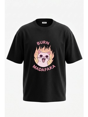 Anetos Burning Cat Meme Tasarım Sırt Baskılı Pamuk Siyah Oversize T-Shirt