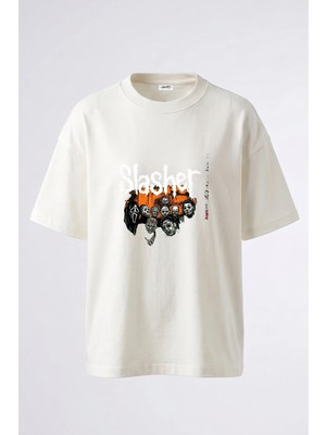Anetos Slasher Villains Tasarım Sırt Baskılı Pamuk Beyaz Oversize T-Shirt