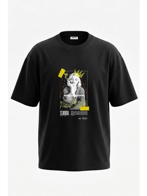 Anetos Marilyn Monroe Tasarım Sırt Baskılı Pamuk Siyah Oversize T-Shirt