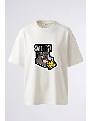 Anetos Say Cheese Camera Tasarım Sırt Baskılı Pamuk Beyaz Oversize T-Shirt