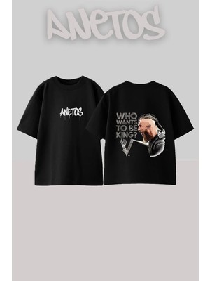 Anetos Viking King Tasarım Sırt Baskılı Pamuk Siyah Oversize T-Shirt