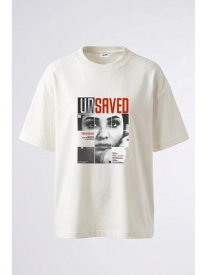 Anetos Distopik Yuz Tasarım Sırt Baskılı Pamuk Beyaz Oversize T-Shirt