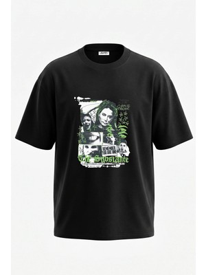 Anetos Demi Moore Substance Tasarım Sırt Baskılı Pamuk Siyah Oversize T-Shirt