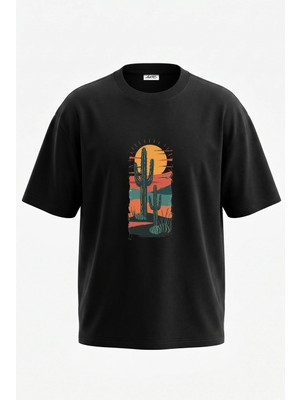 Anetos Cactus Sunset Tasarım Sırt Baskılı Pamuk Siyah Oversize T-Shirt