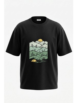 Anetos Cadir Daglar Tasarım Sırt Baskılı Pamuk Siyah Oversize T-Shirt