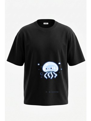 Anetos Cute Jellyfish Tasarım Sırt Baskılı Pamuk Siyah Oversize T-Shirt