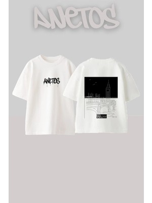 Anetos London Bridge Tasarım Sırt Baskılı Pamuk Beyaz Oversize T-Shirt
