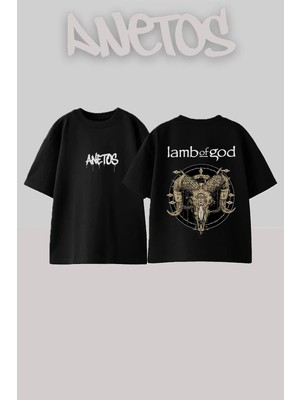 Anetos Lamb Of Tasarım Sırt Baskılı Pamuk Siyah Oversize T-Shirt