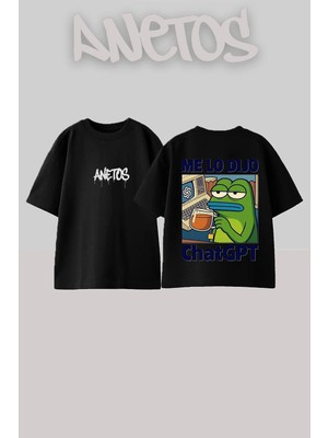 Anetos Pepe Chatgpt Tasarım Sırt Baskılı Pamuk Siyah Oversize T-Shirt
