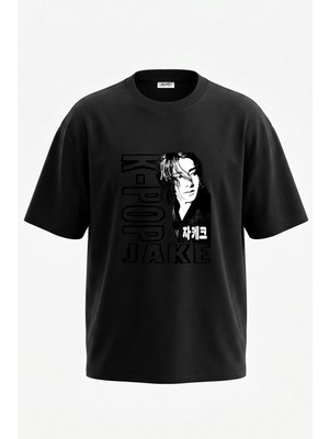 Anetos K Pop Jake Tasarım Sırt Baskılı Pamuk Siyah Oversize T-Shirt