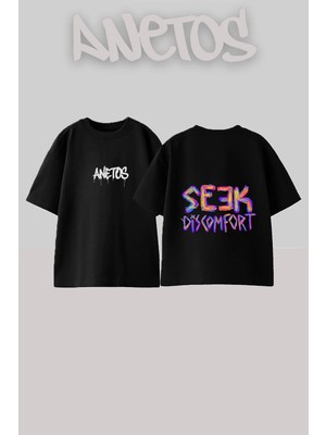 Anetos Seek Discomfort Tasarım Sırt Baskılı Pamuk Siyah Oversize T-Shirt