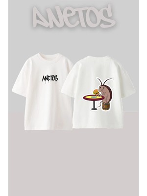 Anetos Eating Roach Tasarım Sırt Baskılı Pamuk Beyaz Oversize T-Shirt
