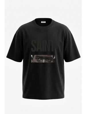 Anetos Franklin Saint Tasarım Sırt Baskılı Pamuk Siyah Oversize T-Shirt