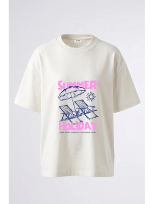 Anetos Summer Holiday Tasarım Sırt Baskılı Pamuk Beyaz Oversize T-Shirt