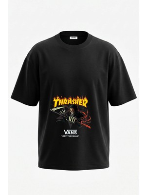 Anetos Grim Reaper Tasarım Sırt Baskılı Pamuk Siyah Oversize T-Shirt