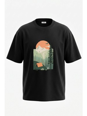 Anetos Camping Mountain Tasarım Sırt Baskılı Pamuk Siyah Oversize T-Shirt