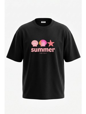 Anetos Deniz Kabugu Yildiz Tasarım Sırt Baskılı Pamuk Siyah Oversize T-Shirt