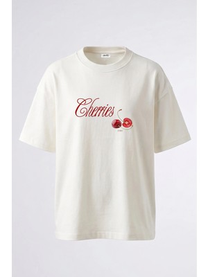 Anetos Cherries Tasarım Sırt Baskılı Pamuk Beyaz Oversize T-Shirt