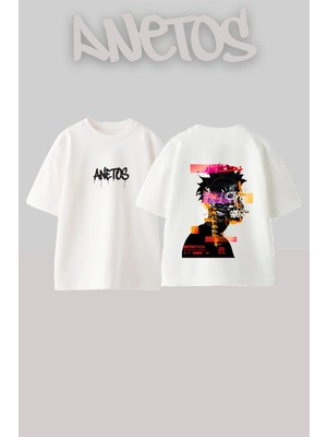 Anetos Abstract Portrait Tasarım Sırt Baskılı Pamuk Beyaz Oversize T-Shirt