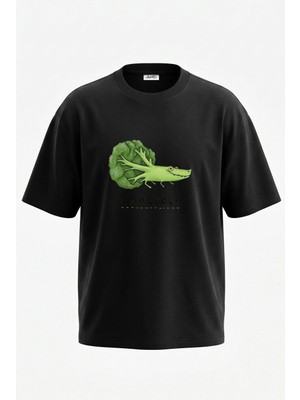 Anetos Crocodile Broccoli Tasarım Sırt Baskılı Pamuk Siyah Oversize T-Shirt
