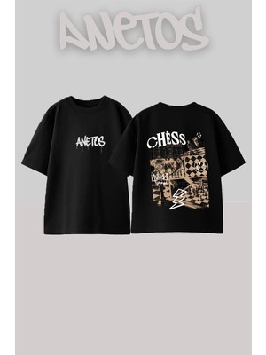 Anetos Chess Collage Tasarım Sırt Baskılı Pamuk Siyah Oversize T-Shirt