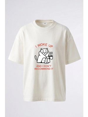 Anetos Sleepy Cat Tasarım Sırt Baskılı Pamuk Beyaz Oversize T-Shirt