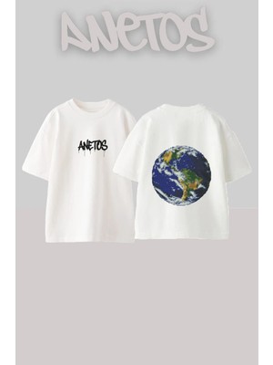 Anetos Pixelated Earth Tasarım Sırt Baskılı Pamuk Beyaz Oversize T-Shirt