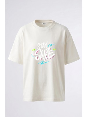 Anetos Stay Safe Graffiti Tasarım Sırt Baskılı Pamuk Beyaz Oversize T-Shirt