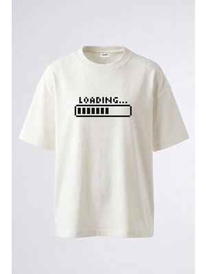Anetos Pixel Loading Tasarım Sırt Baskılı Pamuk Beyaz Oversize T-Shirt