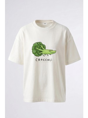 Anetos Crocodile Broccoli Tasarım Sırt Baskılı Pamuk Beyaz Oversize T-Shirt