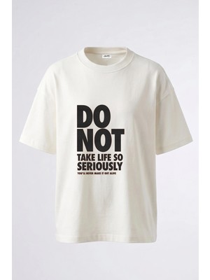 Anetos Life Not Serious Tasarım Sırt Baskılı Pamuk Beyaz Oversize T-Shirt