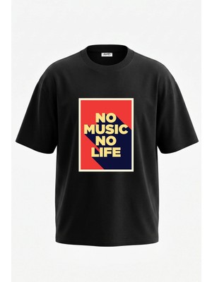 Anetos No Music No Life Tasarım Sırt Baskılı Pamuk Siyah Oversize T-Shirt