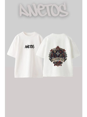 Anetos Gamer Crest Tasarım Sırt Baskılı Pamuk Beyaz Oversize T-Shirt