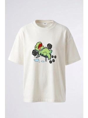 Anetos Dinozor Benchpress Tasarım Sırt Baskılı Pamuk Beyaz Oversize T-Shirt
