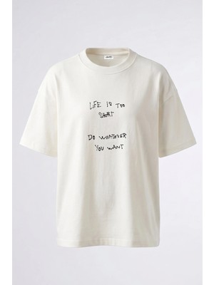 Anetos Motivational Quote Tasarım Sırt Baskılı Pamuk Beyaz Oversize T-Shirt