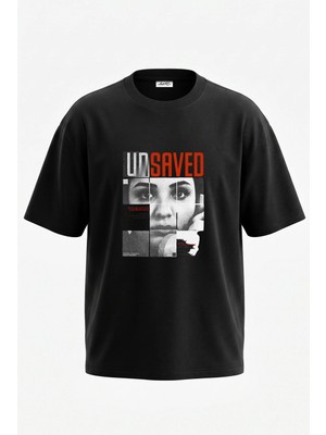 Anetos Distopik Yuz Tasarım Sırt Baskılı Pamuk Siyah Oversize T-Shirt