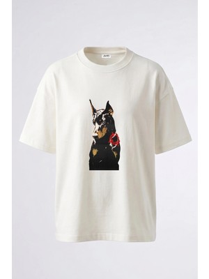 Anetos Doberman Hedef Tasarım Sırt Baskılı Pamuk Beyaz Oversize T-Shirt