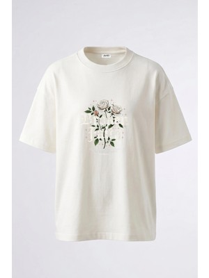 Anetos Gothic Rose Tasarım Sırt Baskılı Pamuk Beyaz Oversize T-Shirt