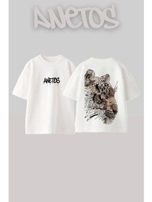 Anetos Text Tiger Tasarım Sırt Baskılı Pamuk Beyaz Oversize T-Shirt