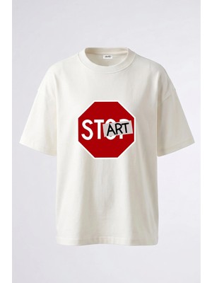 Anetos Stop Sign Art Tasarım Sırt Baskılı Pamuk Beyaz Oversize T-Shirt