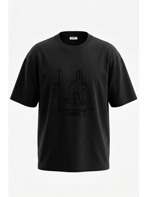 Anetos Duck Rabbit Illusion Tasarım Sırt Baskılı Pamuk Siyah Oversize T-Shirt