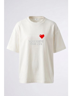 Anetos Pixel Heart Tasarım Sırt Baskılı Pamuk Beyaz Oversize T-Shirt