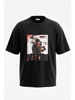 Anetos American Psycho_1 Tasarım Sırt Baskılı Pamuk Siyah Oversize T-Shirt