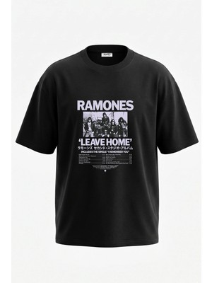 Anetos Ramones Band Tasarım Sırt Baskılı Pamuk Siyah Oversize T-Shirt