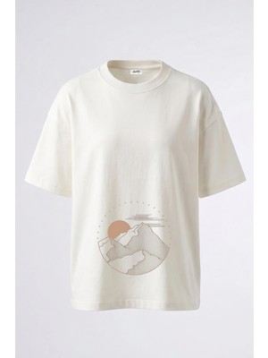 Anetos Mountain Sun Tasarım Sırt Baskılı Pamuk Beyaz Oversize T-Shirt