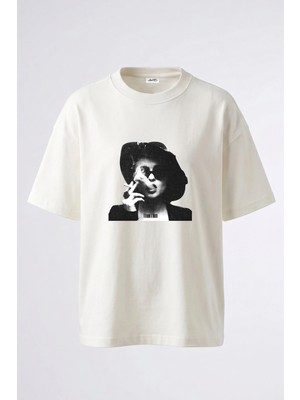 Anetos Mia Wallace Tasarım Sırt Baskılı Pamuk Beyaz Oversize T-Shirt